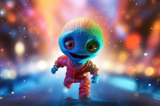 Cute Alien Extraterrestrial Superhero Speeding Ahead with Vibrant Backdrop