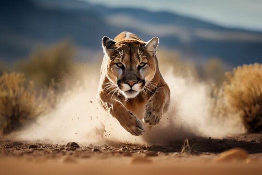 Portrait of a running mountain lion raising a cloud of dust. AI-generated.