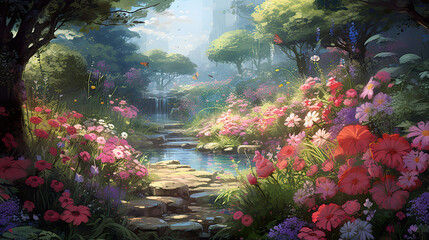 wonderful anime illustration of a peaceful garden full of flowers