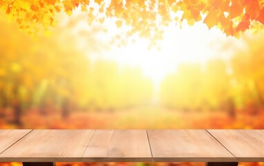 Naklejka na ściany i meble Wooden table and blurred Autumn background. Autumn yellow leaves banner