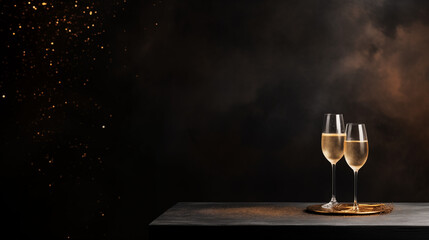 Tło na życzenia noworoczne - Szczęśliwego Nowego Roku 2024. Kieliszki z szampanem w Sylwestrową noc na ciemnym tle - obrazy, fototapety, plakaty