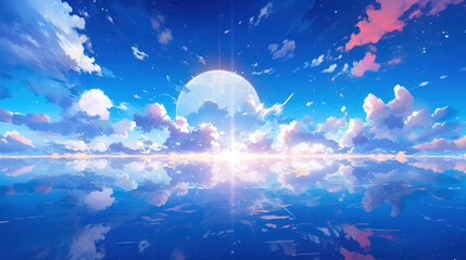 wonderful epic landscape illustration of the sun at the horizon, anime artwork - obrazy, fototapety, plakaty