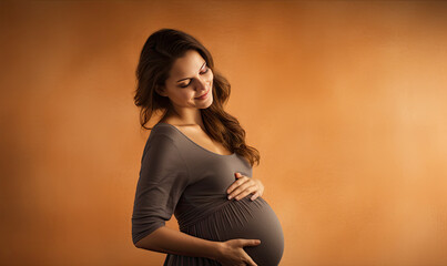 Expectant mother tenderly touching her baby bump.