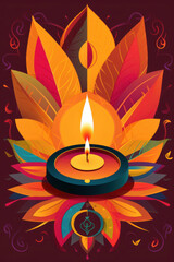 Fototapeta premium Burning oil lamps with colorful designs, from a Diwali festival card. Generative AI.
