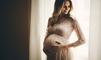 Expectant mother tenderly touching her baby bump.