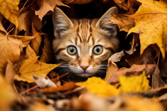 AI generated illustration of a curious young kitten playing picaboo between fallen autumnal leaves