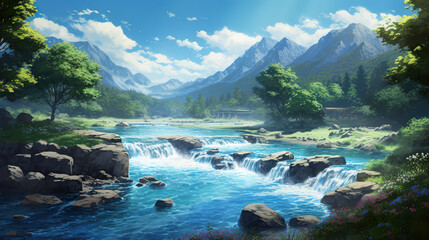 a flowing river scenery in an anime landscape artwork