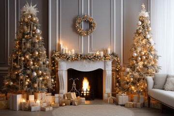 Christmas Tree with Decorations Near a Fireplace with Lights - Created with Generative AI Tools