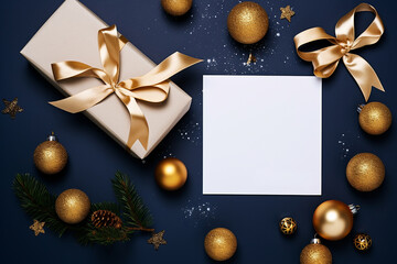 Fototapeta na wymiar Christmas Letter Envelope with Blank Paper Card, White Gift Box, Fir Branches, Decorated Balls on Dark Background - Created with Generative AI Tools