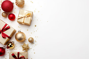Christmas Composition with Gifts, Red and Golden Decorations on White Background - Created with Generative AI Tools