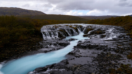 blue waterfall (bruarfoss) in iceland near the golden circle
