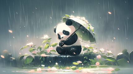 cute sad looking panda in rain holding an umbrella, manga anime artwork - obrazy, fototapety, plakaty