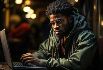Fototapeta na wymiar Black man working on laptop in dark room