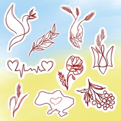 Large set of line art patriotic stickers. Ukrainian stickers. Stop the war in Ukraine