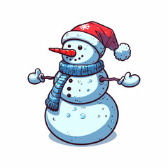 This is a vector illustration of a snowman on a white background. The illustration is simple and colorful, suitable for greeting cards, posters, or stickers.