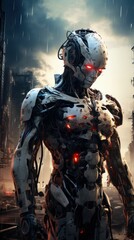 Futuristic Cyber Robot in War with Advanced Weapon 