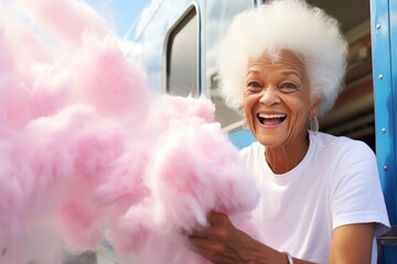 Beautiful smiling 80 years old woman buying pink cotton candy in food truck at the festival - obrazy, fototapety, plakaty