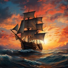 Obraz premium Medieval ship sailing toward an exotic distant land