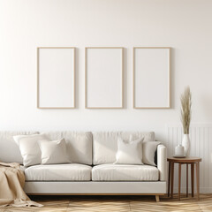set of 3 frame mockup,hollow frames standing on the wall in white interior design living room,3d rendering