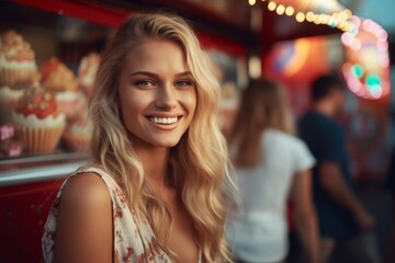Obraz premium Young beautiful smiling blonde woman in white floral dress next to the food truck at the festival