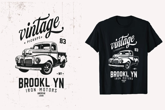 Vintage pickup truck t-shirt design. american chevy truck vector tshirt graphic. chevrolet old truck t shirt template. black and white background prints.