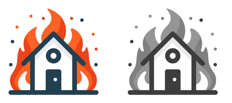 House on fire symbol icon vector illustration, house with basic geometric shapes, surrounded by minimalistic orange and red flames stock vector image