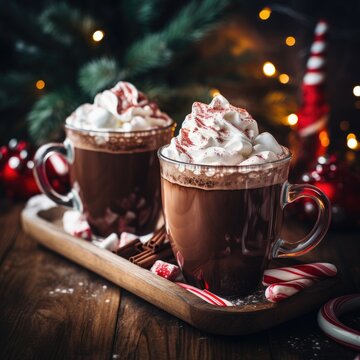 Cocoa mugs with whipped cream and candy canes