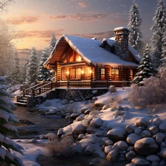 Snow-covered log cabin with a warm inviting glow