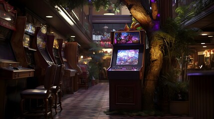 Arcade machine with joystick and buttons located in an exotic games business, setting with vegetation and a tree.