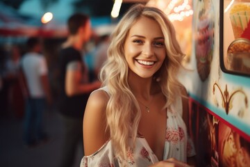 Young beautiful smiling blonde woman in white floral dress next to the food truck at the festival