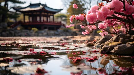 A traditional Japanese garden, with vibrant cherry blossoms as the background, during springtime