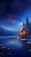 Beautiful small shack and surreal winter night with snowfall