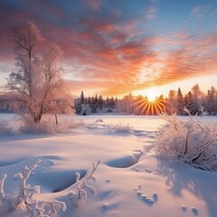 Christmas morning sunrise over a snow-covered landscape