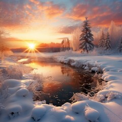 Christmas morning sunrise over a snow-covered landscape