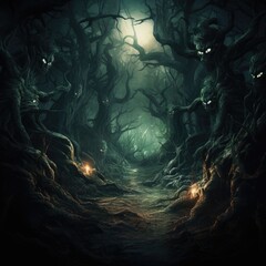 Haunted forest with twisted trees and glowing eyes