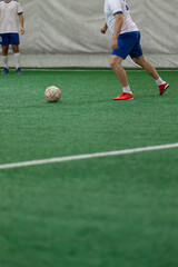 Ball and arena soccer goalkeeper on the field during the game.
