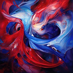 Crimson and royal blue ribbons swirling in the cosmic wind