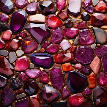 A mosaic of ruby topaz and amethyst gemstones