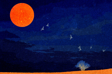 ilustracja grafika krajobraz nocą ciemne niebo jasne ptaki lecące w stronę święcącego księżyca. - obrazy, fototapety, plakaty