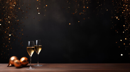 Tło na życzenia noworoczne - Szczęśliwego Nowego Roku 2024. Kieliszki z szampanem w Sylwestrową noc na ciemnym tle - obrazy, fototapety, plakaty