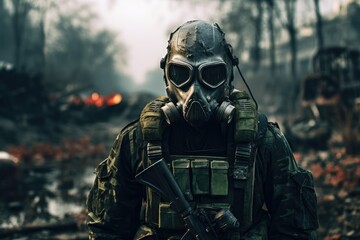 Soldier Wearing Gas Mask In Postapocalyptic City Ruins