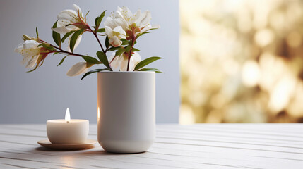 Minimalist interior with a candle and a plant