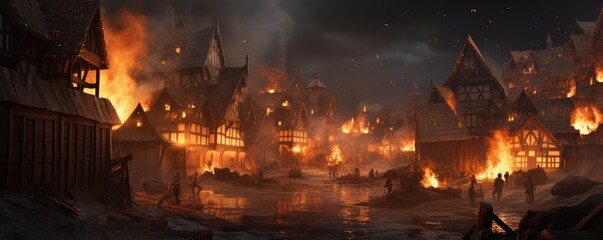 Viking Attack, Medieval Village Engulfed In Flames