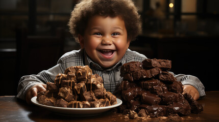 Smiling Overweight Child's Love for Chocolate: Learning the Vital Role of Healthy Eating for a Fulfilling Life