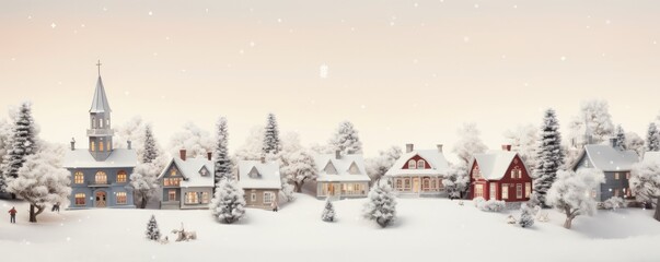 Vintagestyle Christmas Village Covered In Snow. Сoncept Winter Wonderland, Festive Decorations, Twinkling Lights, Cozy Atmosphere, Nostalgic Charm