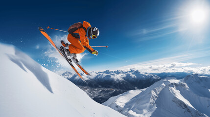 Naklejka na ściany i meble skier on the top of mountain winter sports snow