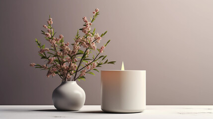 A Scented Candle on a White Table Surrounded by Beautiful Flowers