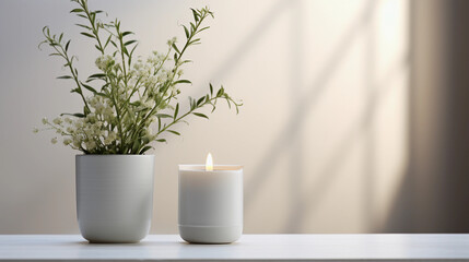 A Scented Candle on a White Table Surrounded by Beautiful Flowers