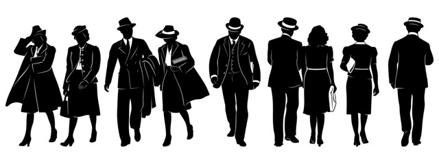 Silhouettes of Vintage Businessmen and Businesswomen. Men and women in casual closes of 20s, 30s years. All figures are separate.