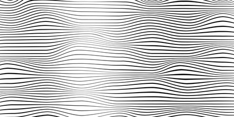 Monochrome wavy line background. Optical (Op Art) illusion of waves of black and white lines. - obrazy, fototapety, plakaty